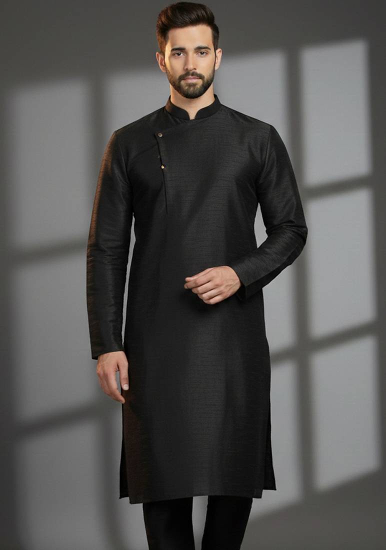 Black dupion silk embroidered kurta