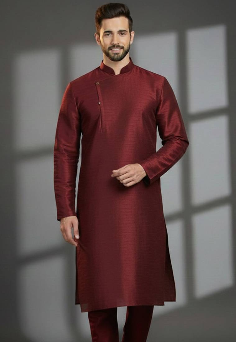Maroon dupion silk embroidered kurta