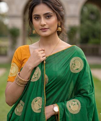 Women's sana silk designer zari & thread embroidery festive saree with blouse 3