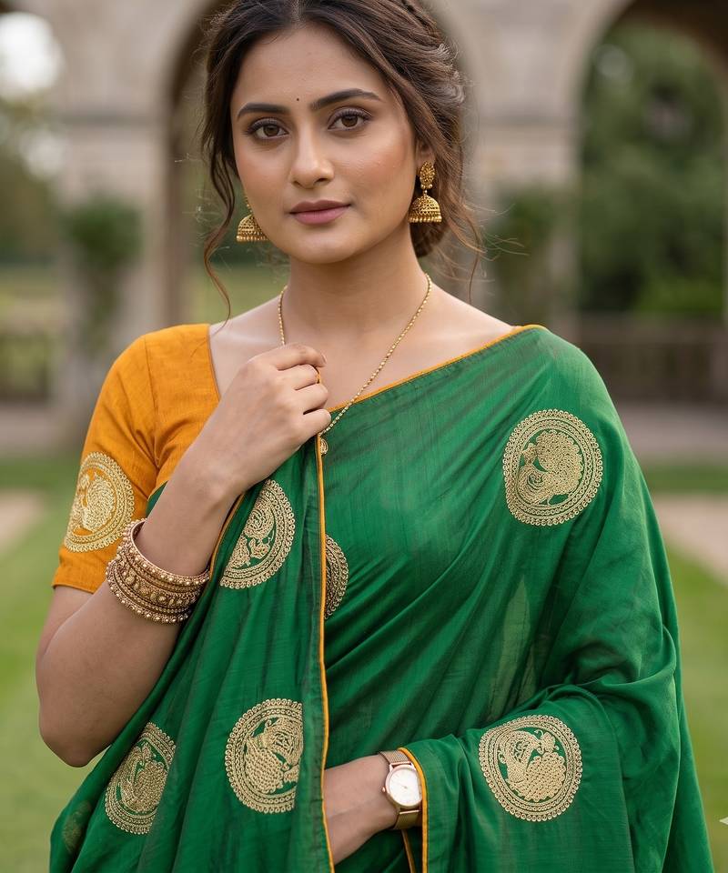 Women's sana silk designer zari & thread embroidery festive saree with blouse