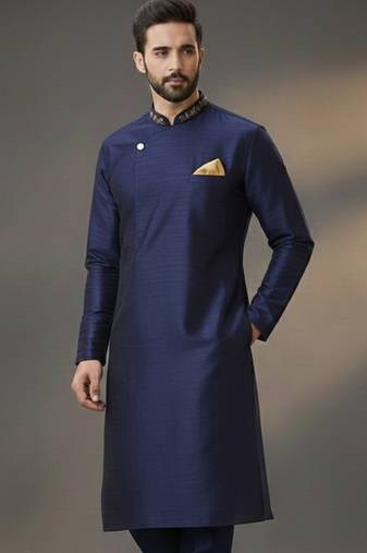 Navy dupion silk embroidered kurta