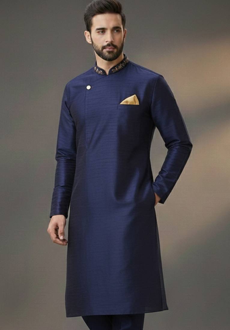 Navy dupion silk embroidered kurta