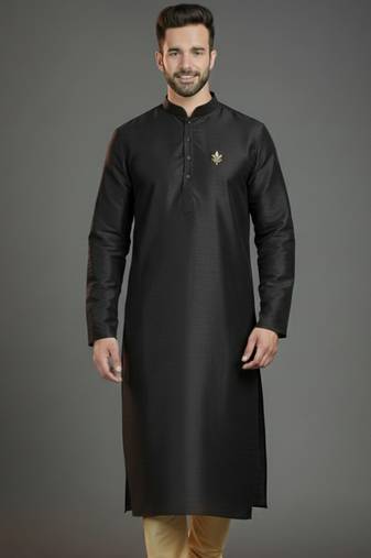Black dupion silk embroidered kurta