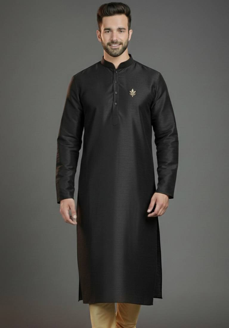 Black dupion silk embroidered kurta