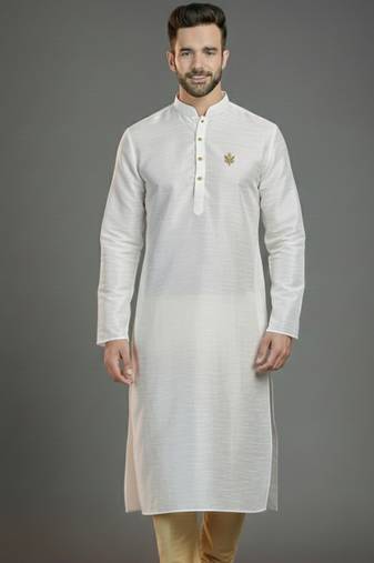 White dupion silk embroidered kurta
