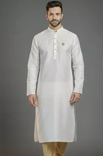 White dupion silk embroidered kurta