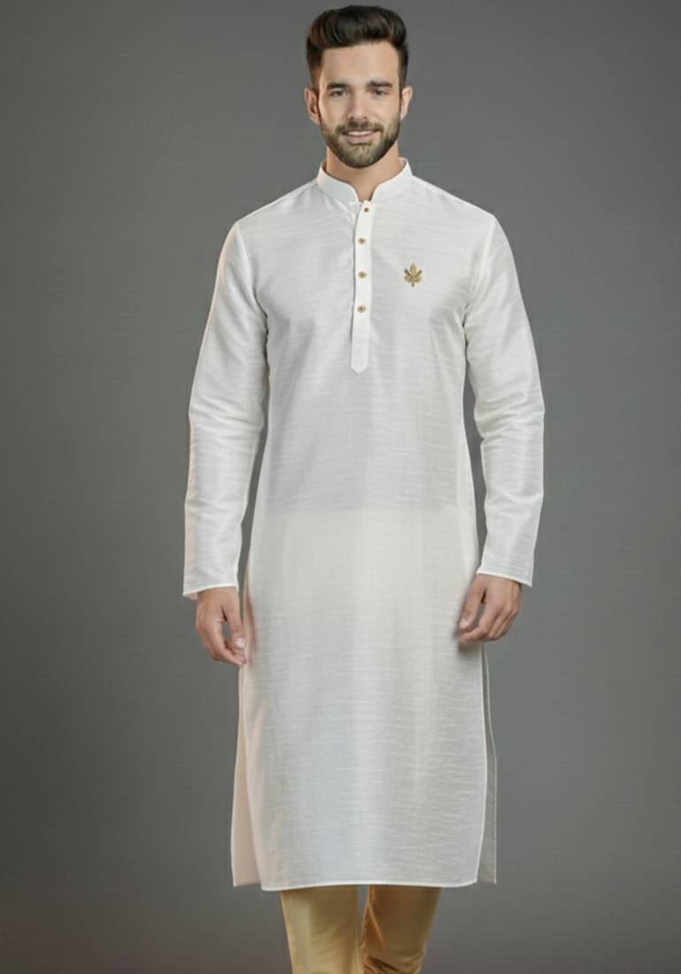 White dupion silk embroidered kurta