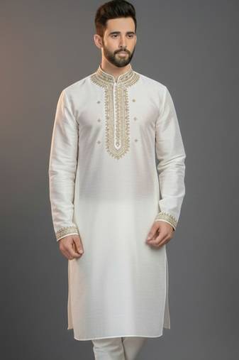 White dupion silk embroidered kurta