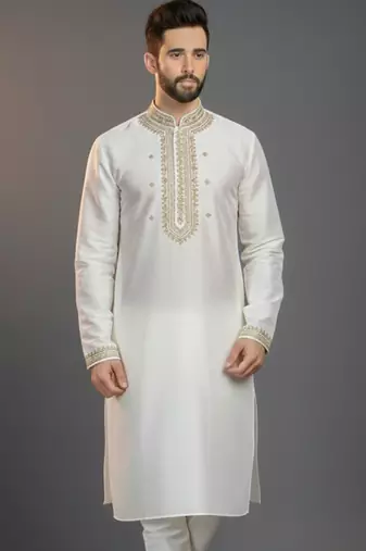 White dupion silk embroidered kurta