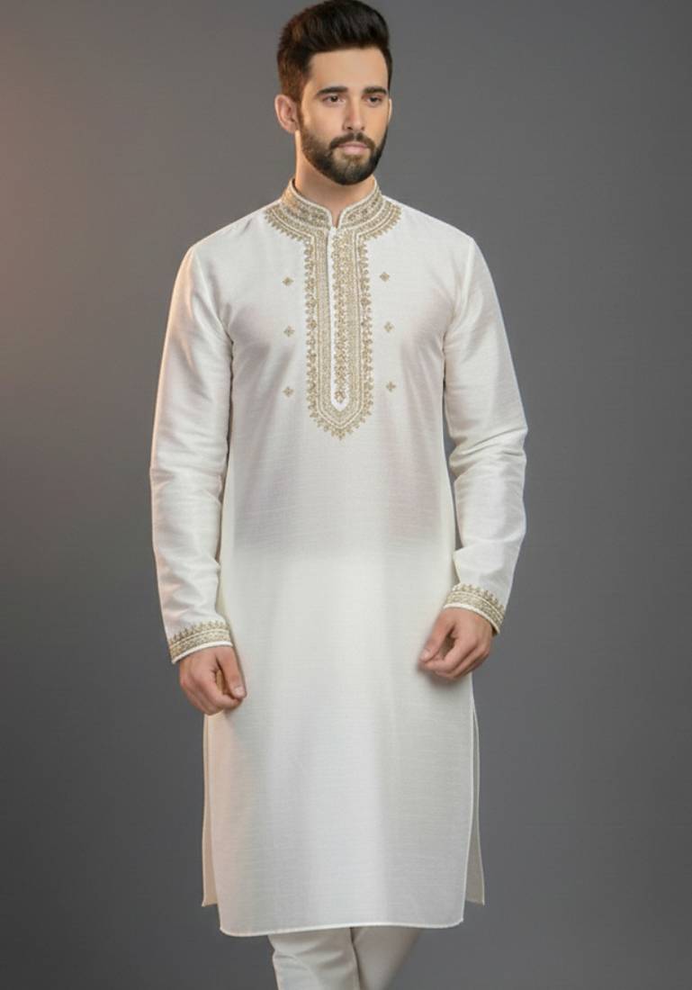 White dupion silk embroidered kurta