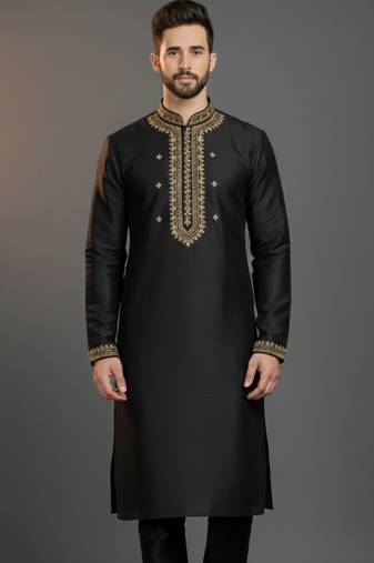 Black dupion silk embroidered kurta