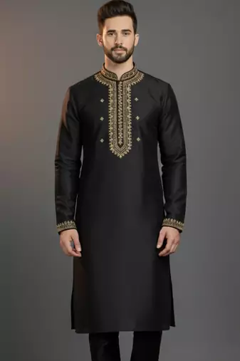 Black dupion silk embroidered kurta