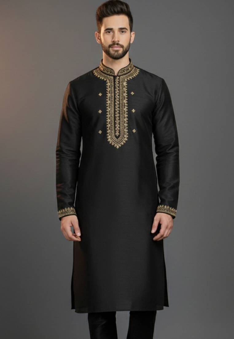 Black dupion silk embroidered kurta