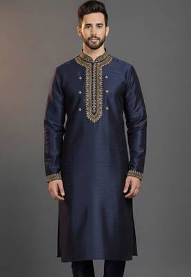 Navy dupion silk embroidered kurta 1