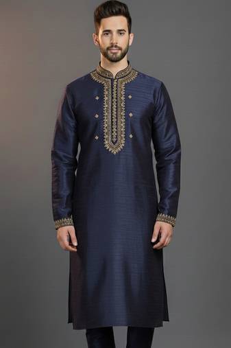 Navy dupion silk embroidered kurta