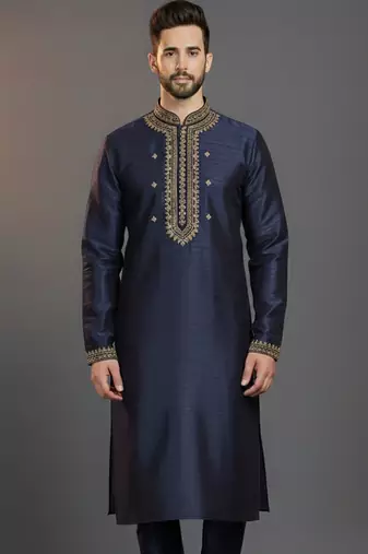 Navy dupion silk embroidered kurta