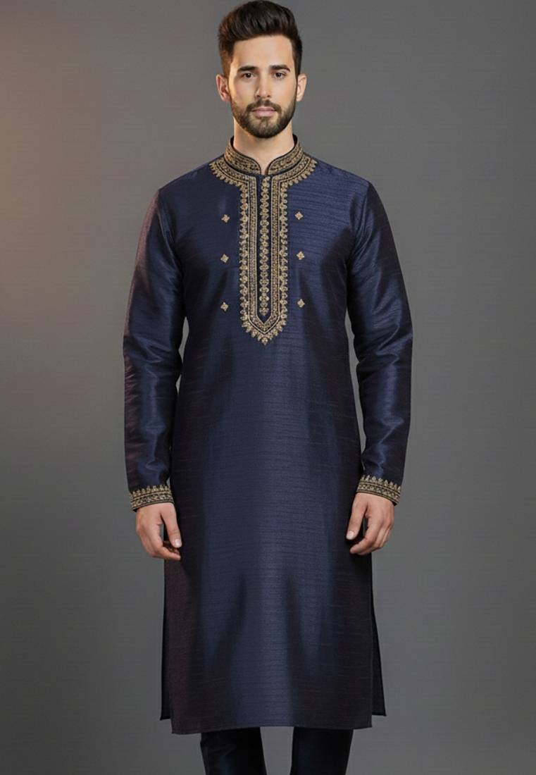 Navy dupion silk embroidered kurta