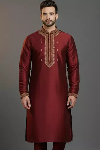 Maroon dupion silk embroidered kurta