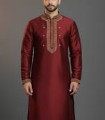 Maroon dupion silk embroidered kurta