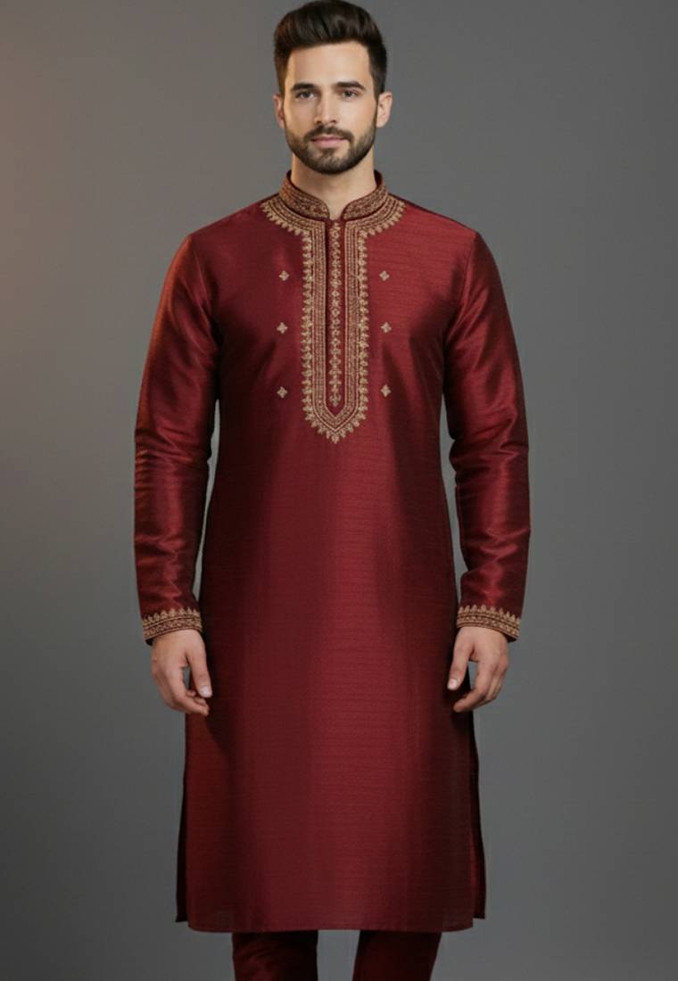 Maroon dupion silk embroidered kurta