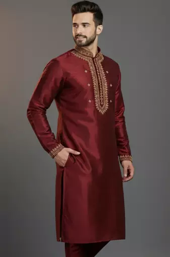 Maroon dupion silk embroidered kurta