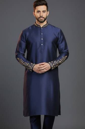 Navy dupion silk embroidered kurta