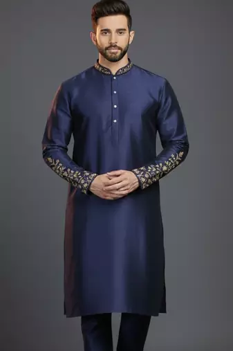 Navy dupion silk embroidered kurta