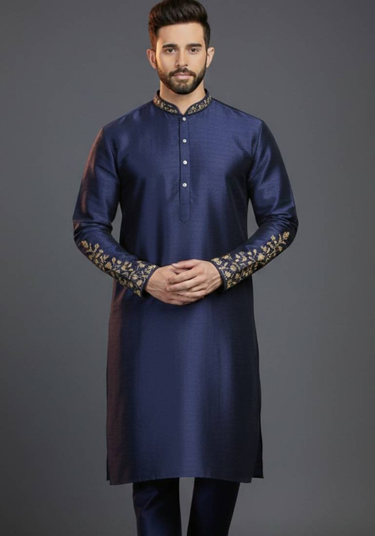 Navy dupion silk embroidered kurta