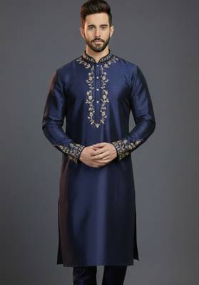 Navy dupion silk embroidered kurta 1