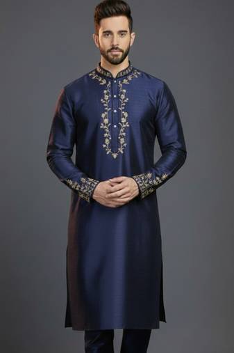 Navy dupion silk embroidered kurta