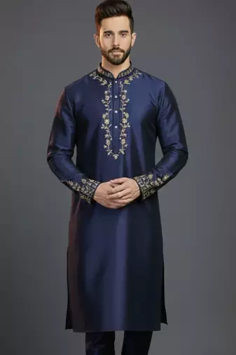 Navy dupion silk embroidered kurta