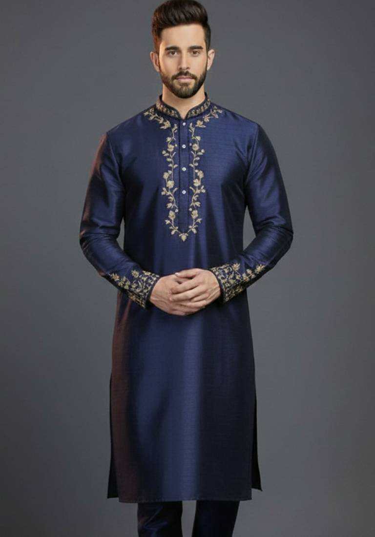 Navy dupion silk embroidered kurta