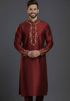 Maroon dupion silk embroidered kurta 1