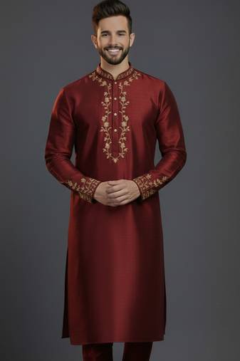Maroon dupion silk embroidered kurta