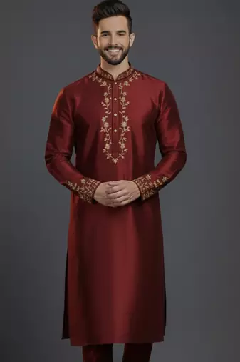 Maroon dupion silk embroidered kurta