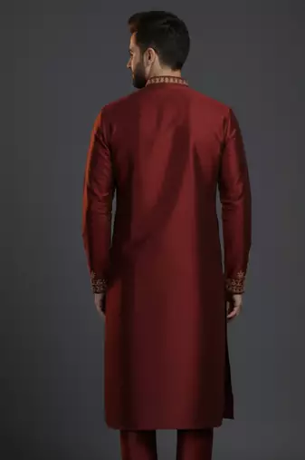 Maroon dupion silk embroidered kurta