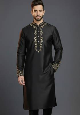 Black dupion silk embroidered kurta 1