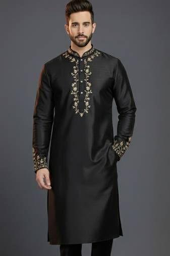 Black dupion silk embroidered kurta