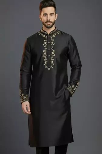 Black dupion silk embroidered kurta
