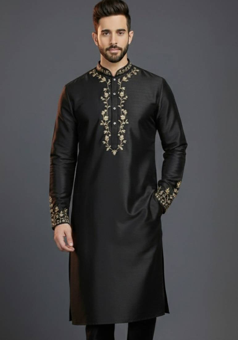 Black dupion silk embroidered kurta
