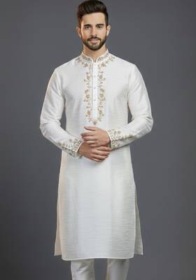 White dupion silk embroidered kurta 1