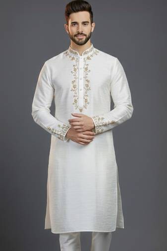 White dupion silk embroidered kurta