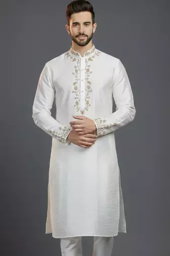 White dupion silk embroidered kurta