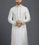 White dupion silk embroidered kurta