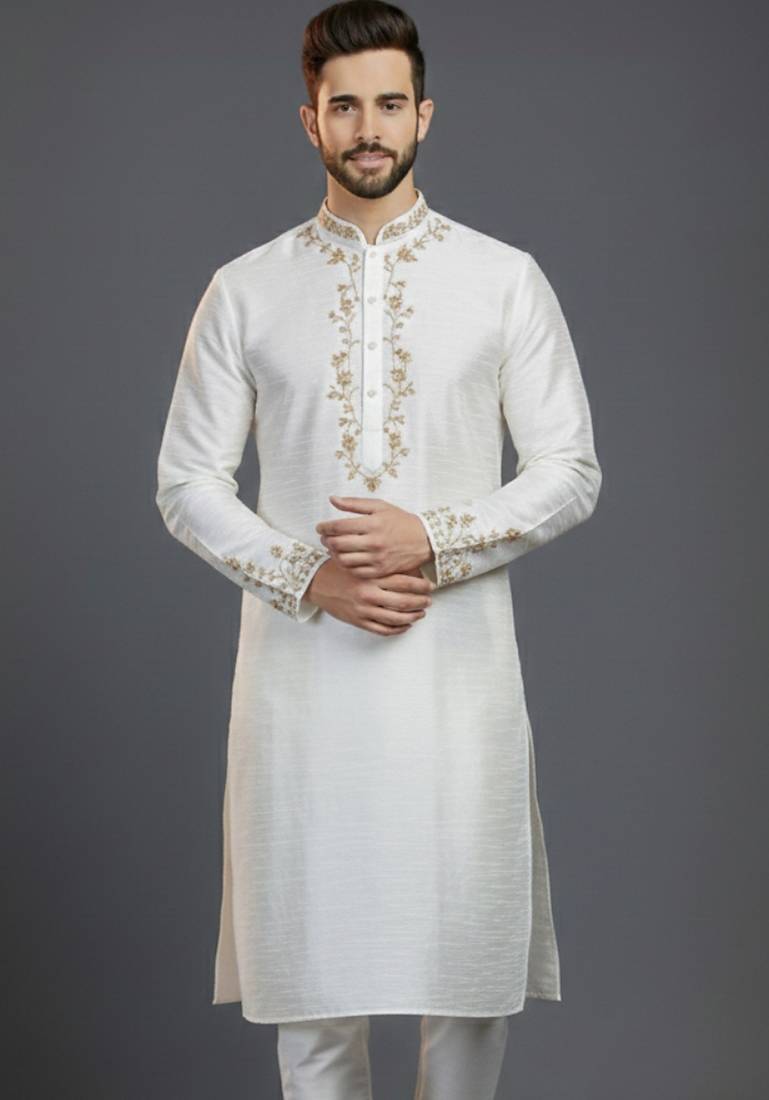 White dupion silk embroidered kurta