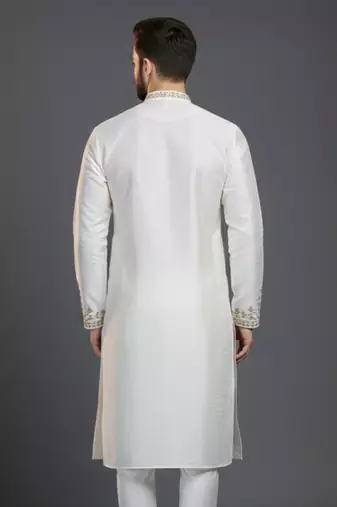 White dupion silk embroidered kurta