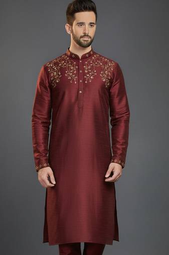Maroon dupion silk embroidered kurta