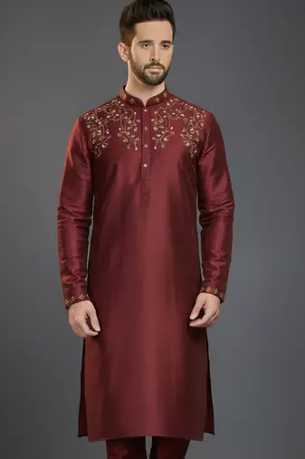 Maroon dupion silk embroidered kurta