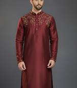 Maroon dupion silk embroidered kurta
