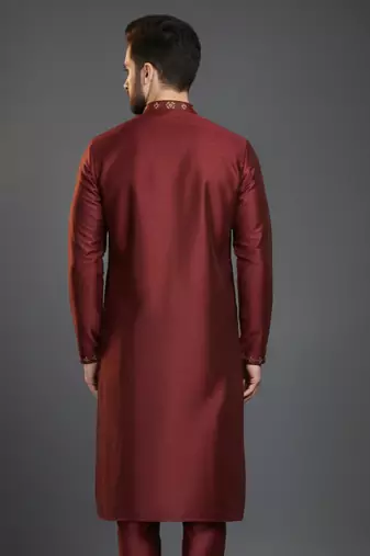 Maroon dupion silk embroidered kurta